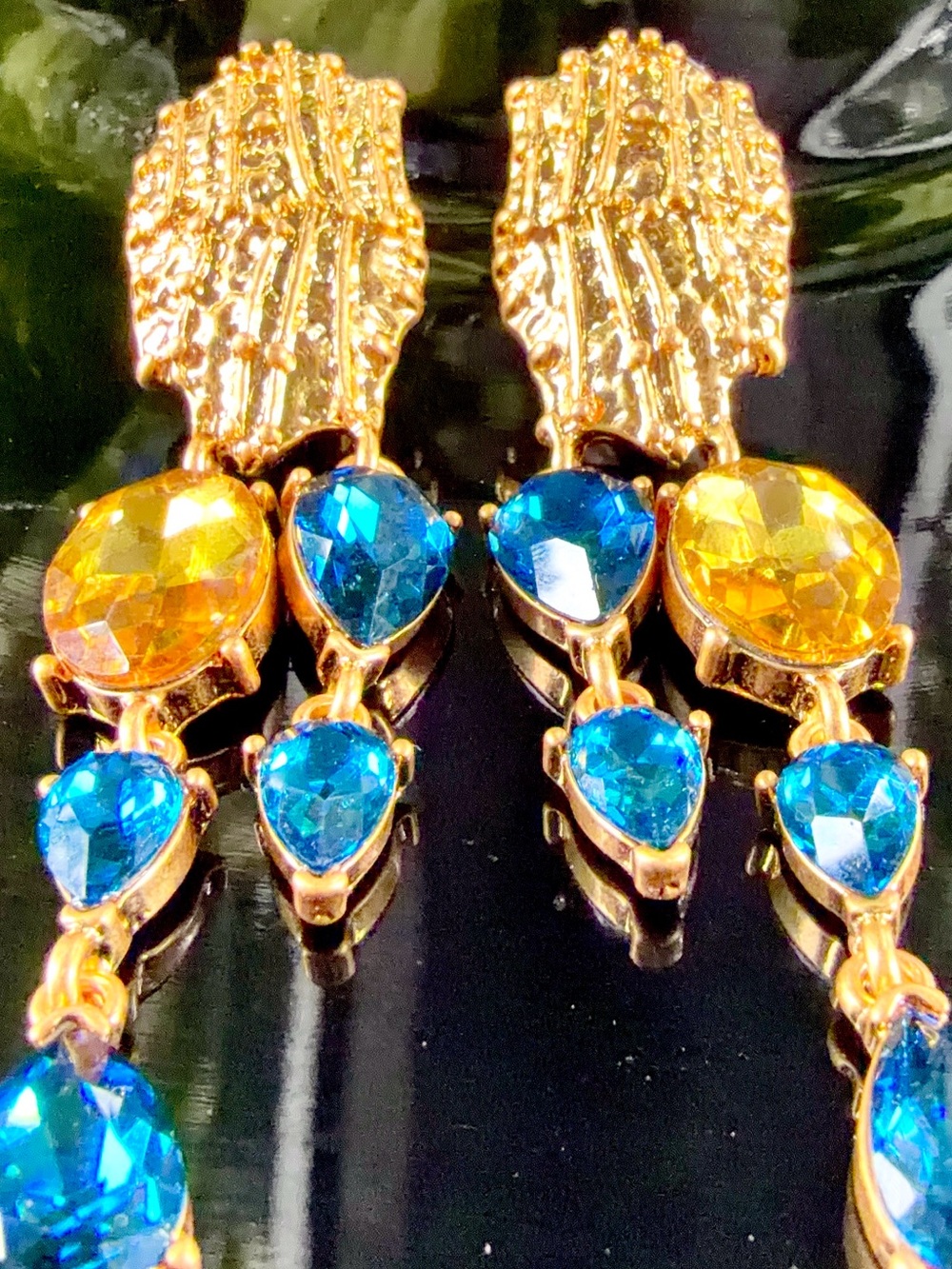 Oscar de la Renta Gold Tone Drop Earrings Citrine /Capri Blue Crystals⭐️ CLIP ON - Picture 11 of 12